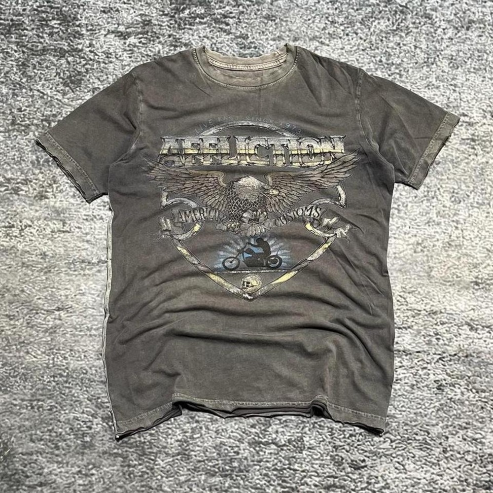 Affliction American Customs T Shirt Mens Small Gray Biker Grunge Wings Y2K